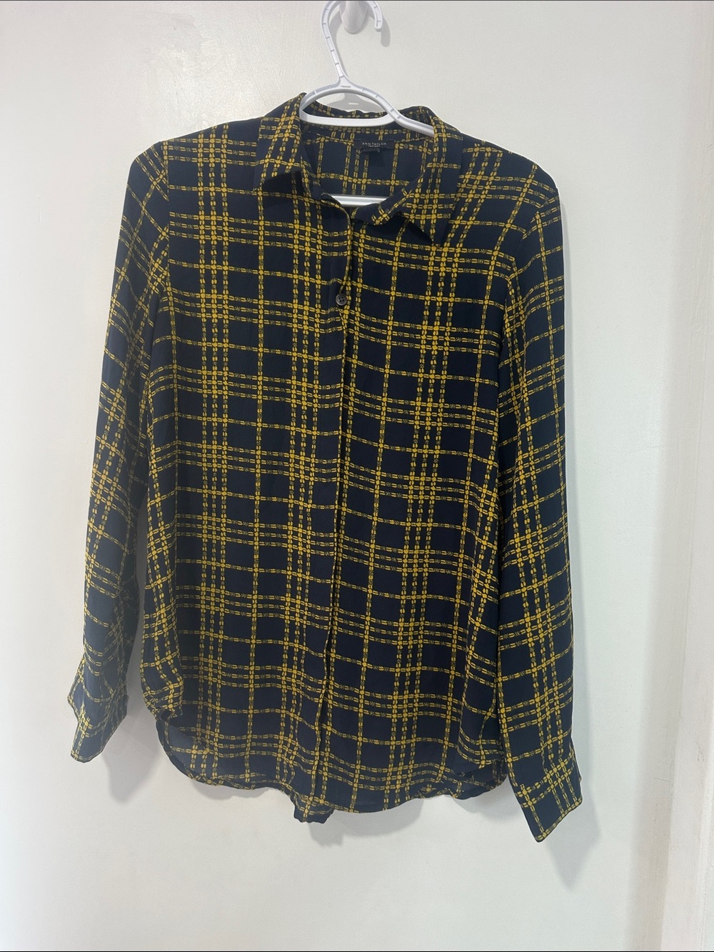 Ann Taylor, Navy Blue and Yellow Plaid Button-Up Shirt